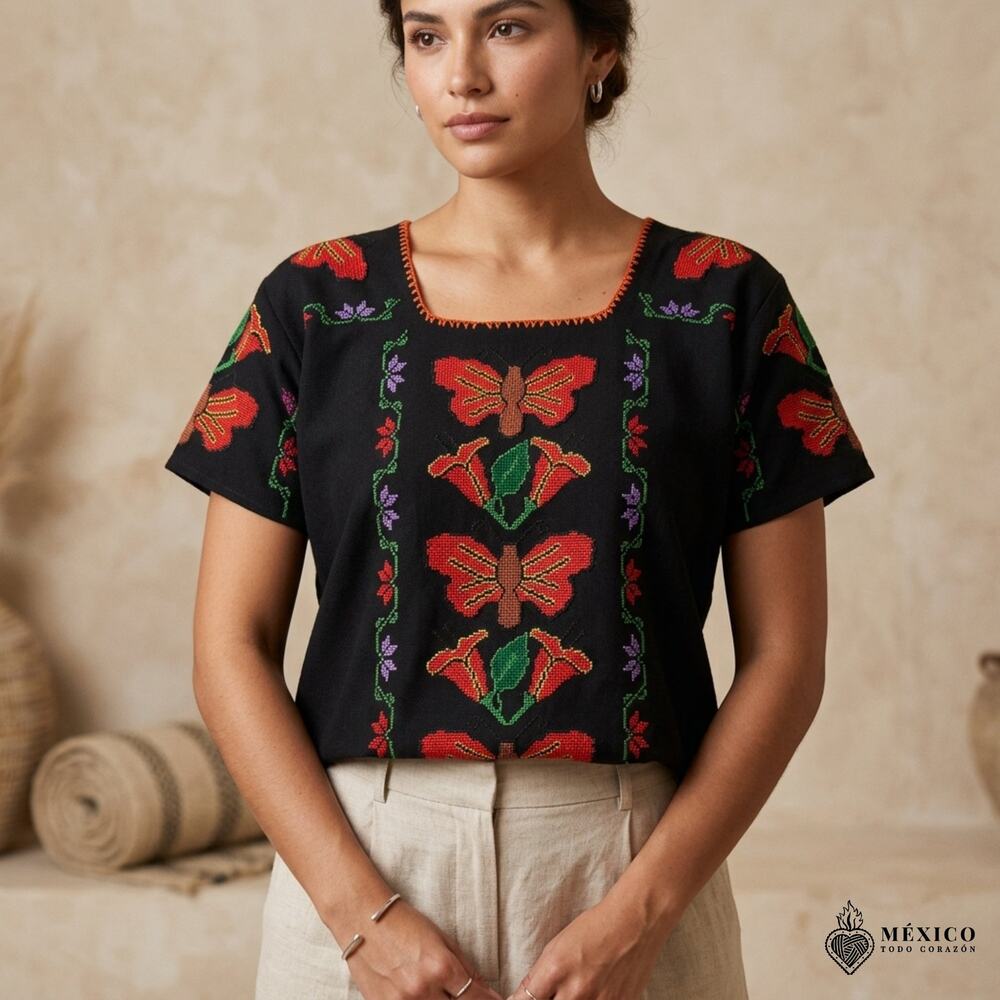 Traditional Mexican Monarch butterflys  Blouse – Embroidered Manta Top  S - M